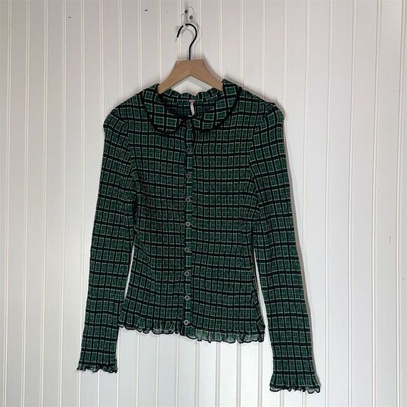 Free People Tops - NWOT Free People Green Black Check Mesh Blouse Scallop Collar Top M Button Front